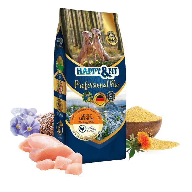 Happy & Fit Professional Plus Adult Medium Fresh Chicken & Millet 18 kg kutyatáp csomagolása.